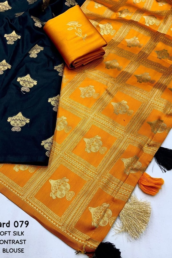 Black Banarasi Soft Silk Saree with Gold Zari Buttis and Contrast Checked Pallu and Blouse  in Surat