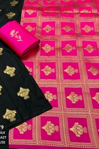 Black Banarasi Soft Silk Saree with Gold Zari Buttis and Contrast Checked Pallu and Blouse  in Surat