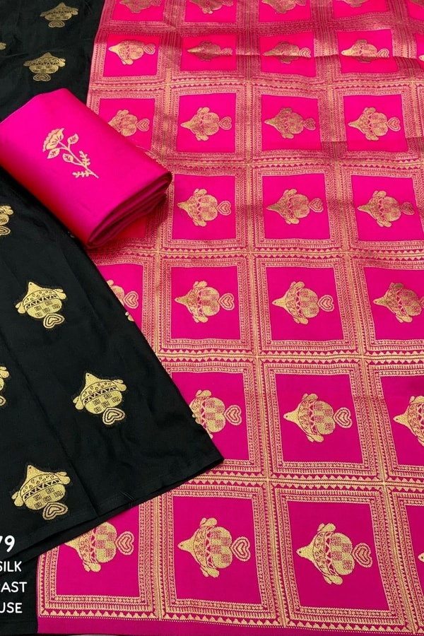 Black Banarasi Soft Silk Saree with Gold Zari Buttis and Contrast Checked Pallu and Blouse  in Surat