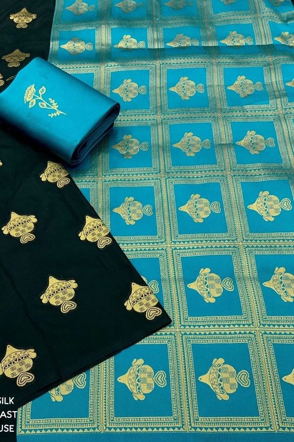Black Banarasi Soft Silk Saree with Gold Zari Buttis and Contrast Checked Pallu and Blouse  in Surat