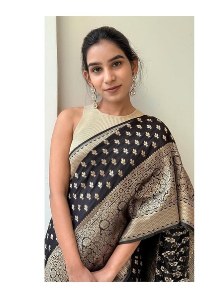 Black Banarasi Soft Silk Saree with Gold Zari Floral Buttis and Heavy Paisley Jaal Pallu in Surat