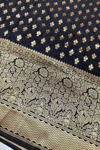 Black Banarasi Soft Silk Saree with Gold Zari Floral Buttis and Heavy Paisley Jaal Pallu  in Surat