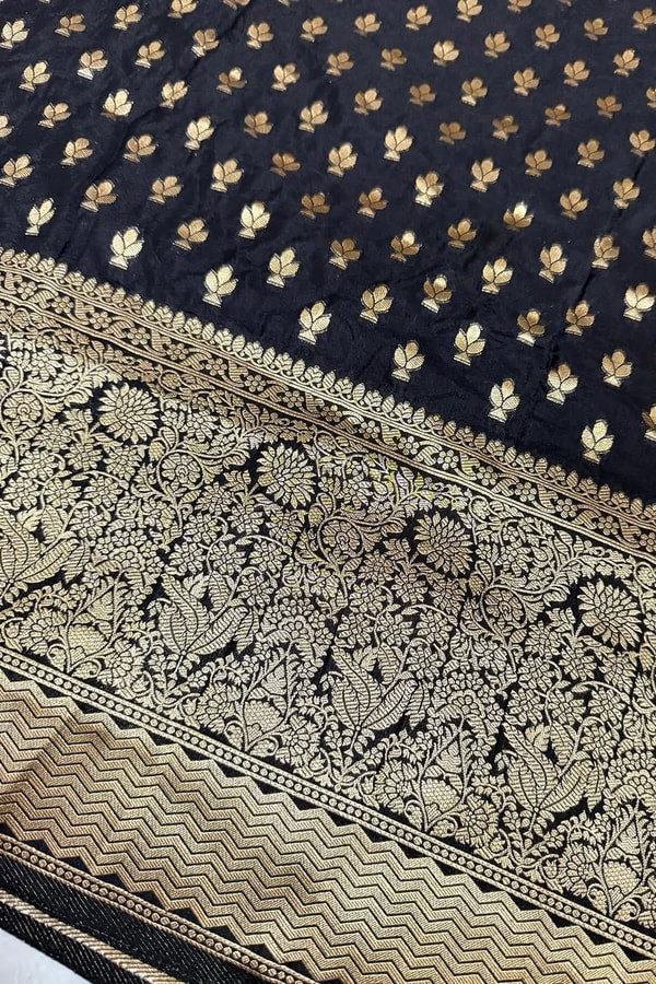 Black Banarasi Soft Silk Saree with Gold Zari Floral Buttis and Heavy Paisley Jaal Pallu  in Surat