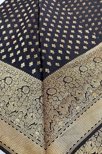 Black Banarasi Soft Silk Saree with Gold Zari Floral Buttis and Heavy Paisley Jaal Pallu  in Surat