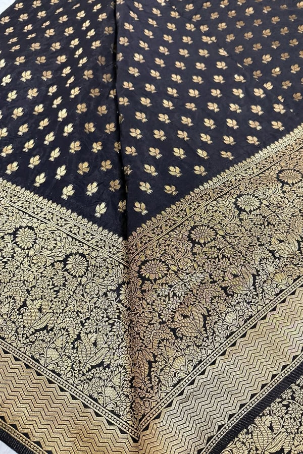 Black Banarasi Soft Silk Saree with Gold Zari Floral Buttis and Heavy Paisley Jaal Pallu  in Surat