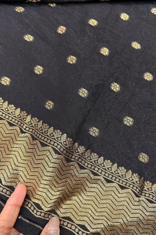 Black Banarasi Soft Silk Saree with Gold Zari Floral Buttis and Heavy Paisley Jaal Pallu  in Surat