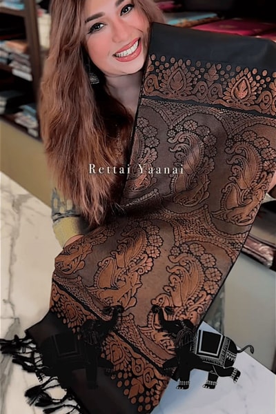 Black Banarasi Soft Silk Saree with Gold Zari Jaal and Copper Elephant Motif Pallu in Surat