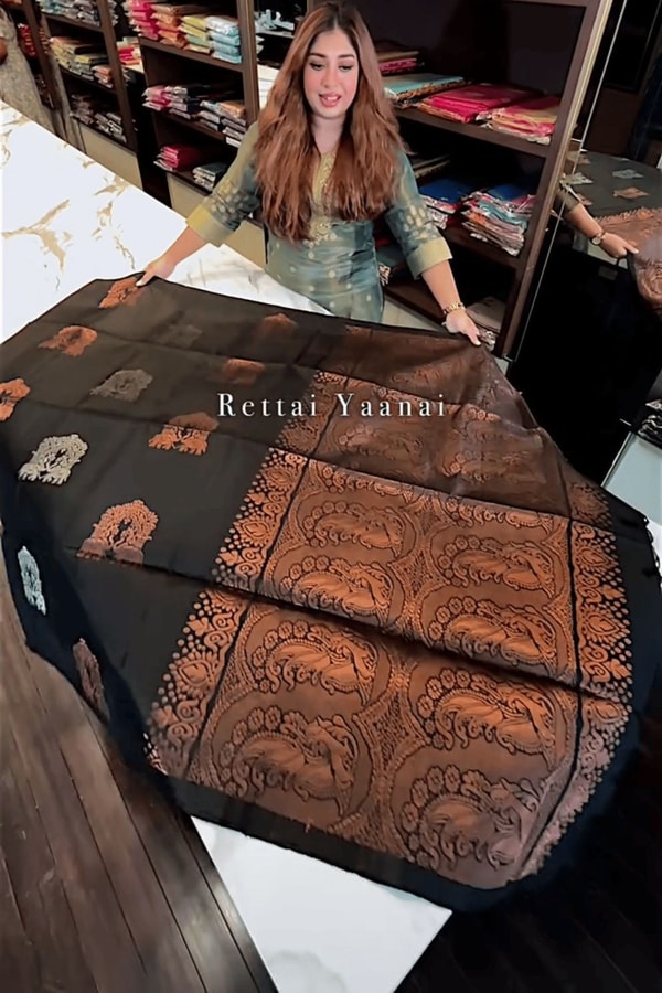 Black Banarasi Soft Silk Saree with Gold Zari Jaal and Copper Elephant Motif Pallu  in Surat