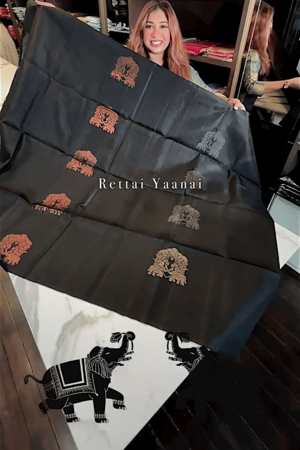Black Banarasi Soft Silk Saree with Gold Zari Jaal and Copper Elephant Motif Pallu  in Surat