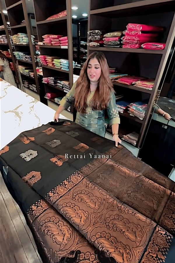 Black Banarasi Soft Silk Saree with Gold Zari Jaal and Copper Elephant Motif Pallu  in Surat