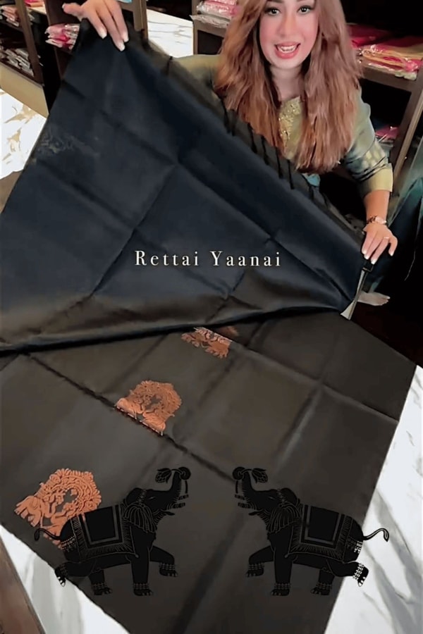 Black Banarasi Soft Silk Saree with Gold Zari Jaal and Copper Elephant Motif Pallu  in Surat