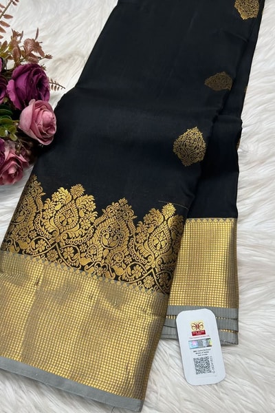 Black Banarasi Soft Silk Saree with Gold Zari Temple Border and Tissue-Look Pallu in Surat
