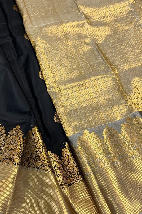 Black Banarasi Soft Silk Saree with Gold Zari Temple Border and Tissue-Look Pallu  in Surat