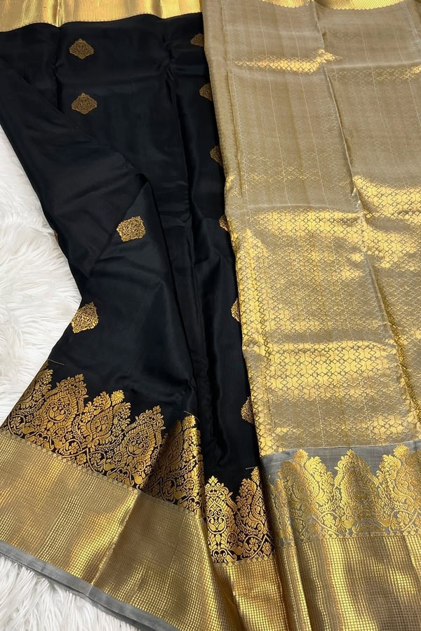 Black Banarasi Soft Silk Saree with Gold Zari Temple Border and Tissue-Look Pallu  in Surat