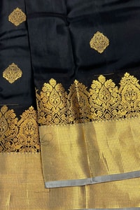 Black Banarasi Soft Silk Saree with Gold Zari Temple Border and Tissue-Look Pallu  in Surat