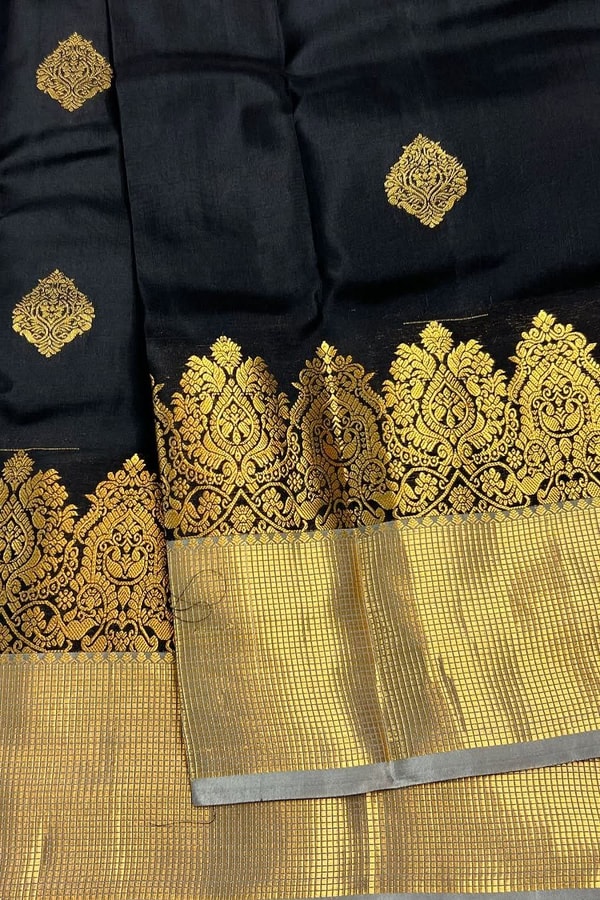Black Banarasi Soft Silk Saree with Gold Zari Temple Border and Tissue-Look Pallu  in Surat