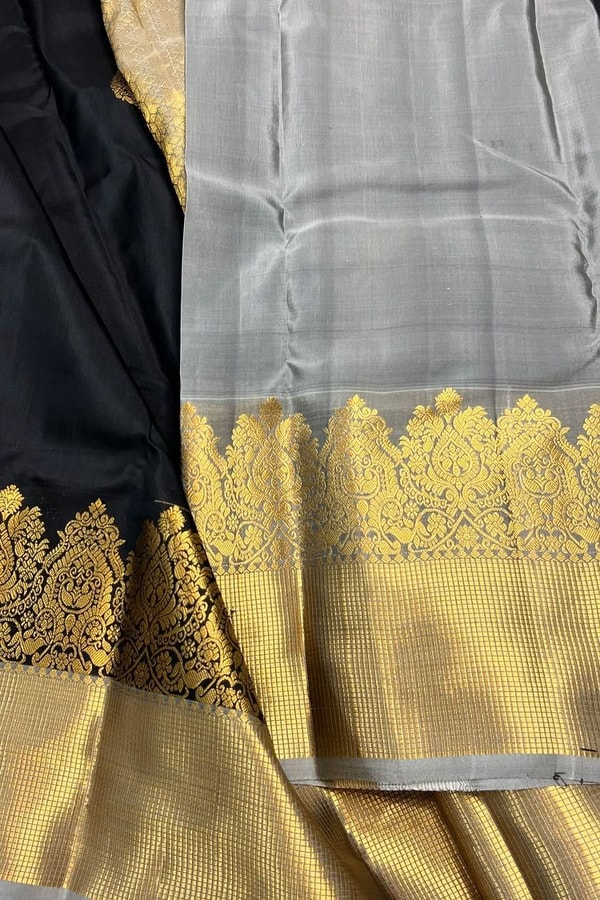 Black Banarasi Soft Silk Saree with Gold Zari Temple Border and Tissue-Look Pallu  in Surat