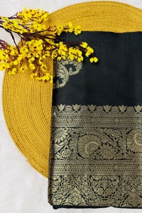 Black Banarasi Soft Silk Saree with Large Antique Zari Paisley Buttas and Heavy Brocade Pallu  in Surat