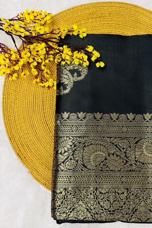 Black Banarasi Soft Silk Saree with Large Antique Zari Paisley Buttas and Heavy Brocade Pallu  in Surat