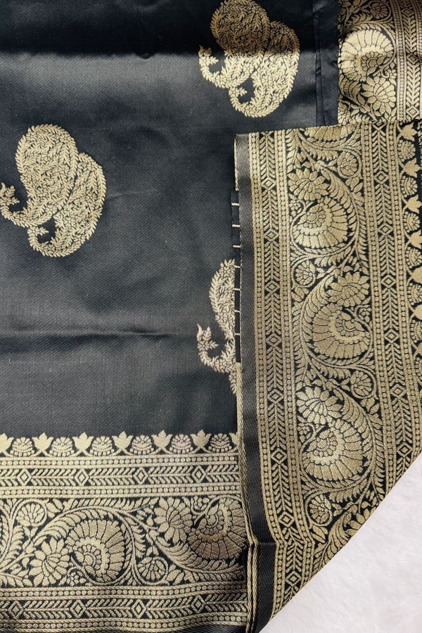 Black Banarasi Soft Silk Saree with Large Antique Zari Paisley Buttas and Heavy Brocade Pallu  in Surat