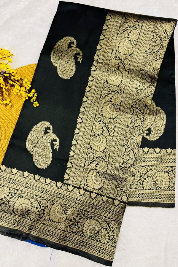 Black Banarasi Soft Silk Saree with Large Antique Zari Paisley Buttas and Heavy Brocade Pallu  in Surat