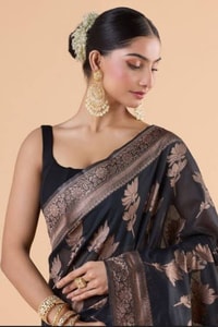 Black Banarasi Soft Silk Saree with Large Copper Zari Floral Motifs and Copper Brocade Pallu  in Surat