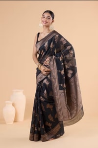Black Banarasi Soft Silk Saree with Large Copper Zari Floral Motifs and Copper Brocade Pallu  in Surat