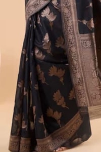 Black Banarasi Soft Silk Saree with Large Copper Zari Floral Motifs and Copper Brocade Pallu  in Surat