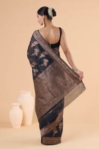 Black Banarasi Soft Silk Saree with Large Copper Zari Floral Motifs and Copper Brocade Pallu  in Surat