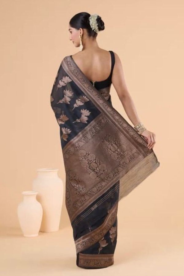 Black Banarasi Soft Silk Saree with Large Copper Zari Floral Motifs and Copper Brocade Pallu  in Surat