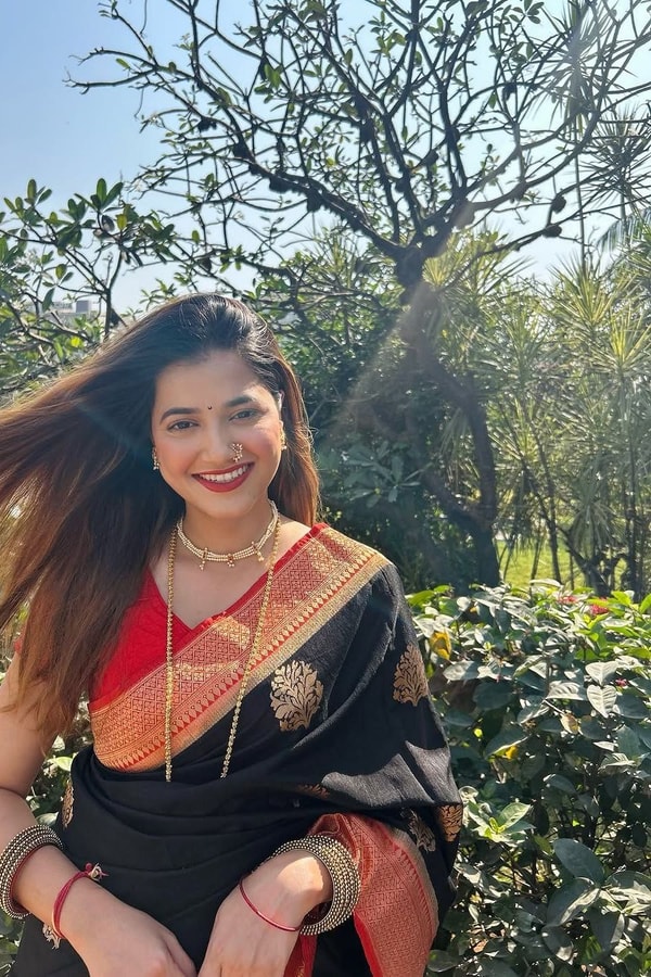 Black Banarasi Soft Silk Saree with Large Gold Floral Buttas and Burnt Orange Zari Border  in Surat