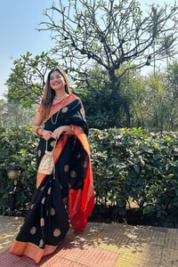 Black Banarasi Soft Silk Saree with Large Gold Floral Buttas and Burnt Orange Zari Border  in Surat