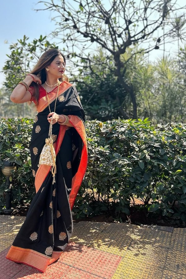 Black Banarasi Soft Silk Saree with Large Gold Floral Buttas and Burnt Orange Zari Border  in Surat