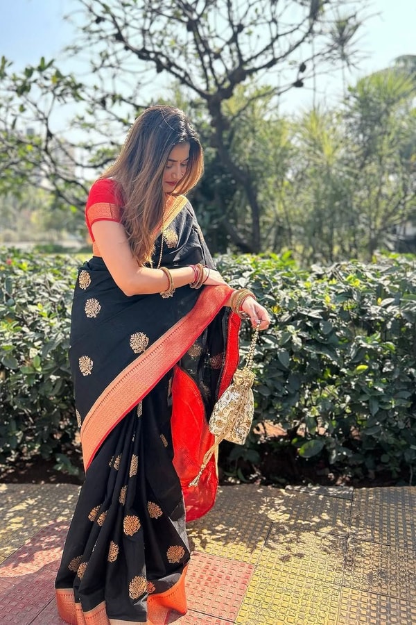 Black Banarasi Soft Silk Saree with Large Gold Floral Buttas and Burnt Orange Zari Border  in Surat