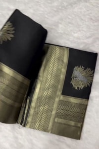 Black Banarasi Soft Silk Saree with Large Gold Zari Floral Buttas and Striped Gold Border  in Surat video 1