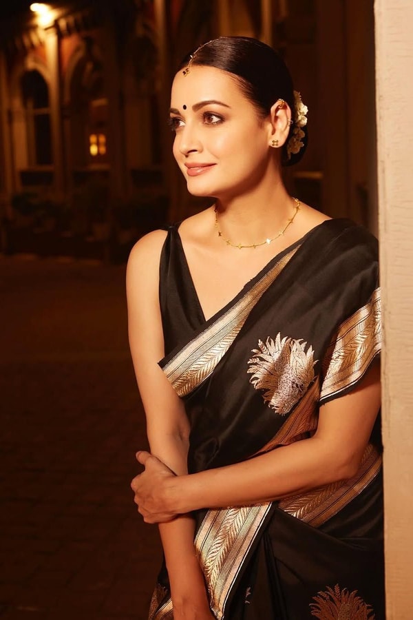 Black Banarasi Soft Silk Saree with Large Gold Zari Floral Buttas and Striped Gold Border  in Surat