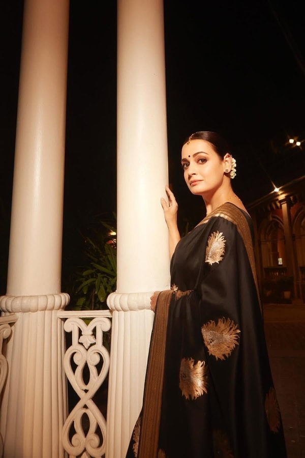 Black Banarasi Soft Silk Saree with Large Gold Zari Floral Buttas and Striped Gold Border  in Surat