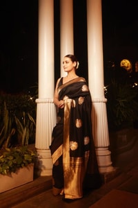 Black Banarasi Soft Silk Saree with Large Gold Zari Floral Buttas and Striped Gold Border  in Surat