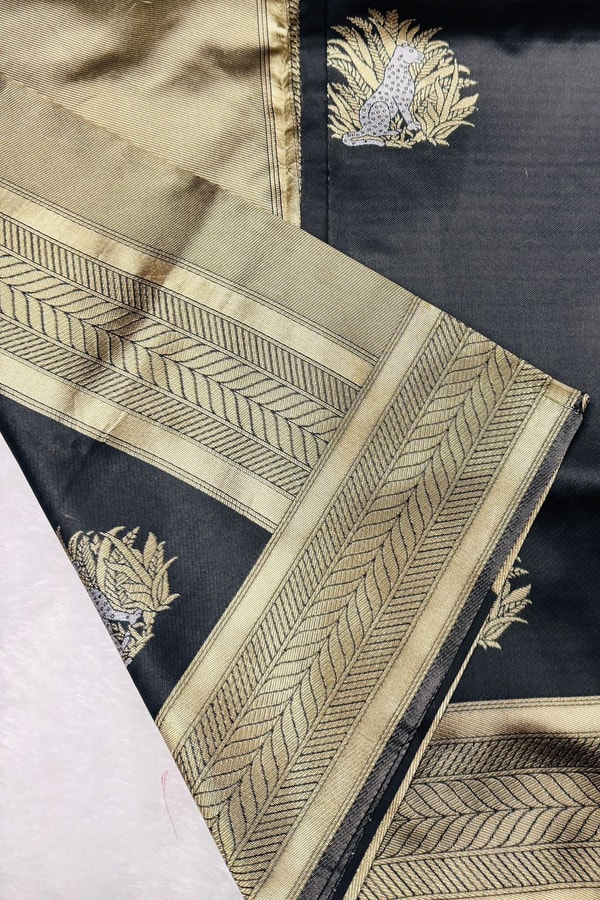 Black Banarasi Soft Silk Saree with Large Gold Zari Floral Buttas and Striped Gold Border  in Surat