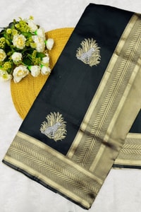 Black Banarasi Soft Silk Saree with Large Gold Zari Floral Buttas and Striped Gold Border  in Surat