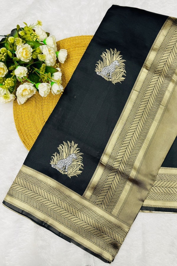 Black Banarasi Soft Silk Saree with Large Gold Zari Floral Buttas and Striped Gold Border  in Surat