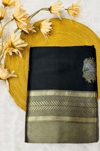 Black Banarasi Soft Silk Saree with Large Gold Zari Floral Buttas and Striped Gold Border  in Surat