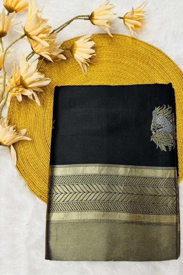 Black Banarasi Soft Silk Saree with Large Gold Zari Floral Buttas and Striped Gold Border  in Surat