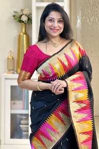 Black Banarasi Soft Silk Saree with Multicolour Temple Border and Gold Zari Pallu  in Surat
