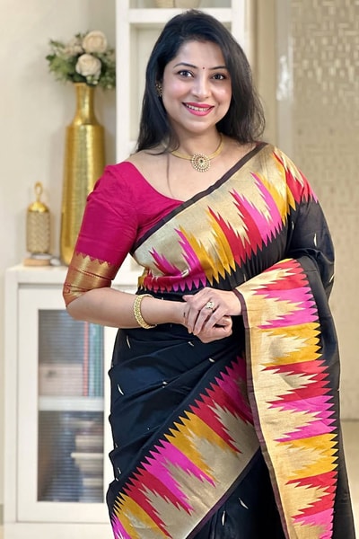 Black Banarasi Soft Silk Saree with Multicolour Temple Border and Gold Zari Pallu in Surat