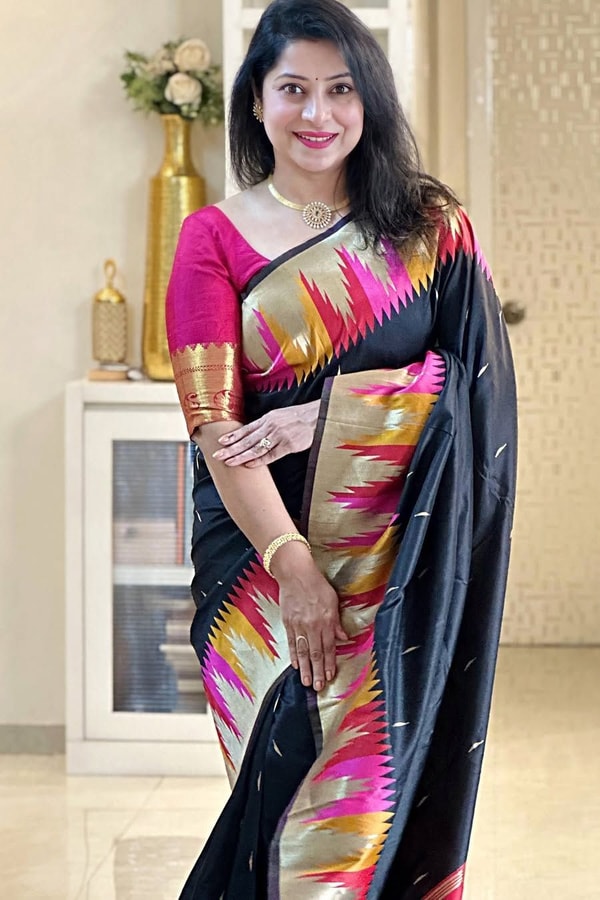 Black Banarasi Soft Silk Saree with Multicolour Temple Border and Gold Zari Pallu  in Surat