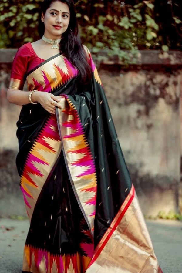 Black Banarasi Soft Silk Saree with Multicolour Temple Border and Gold Zari Pallu  in Surat