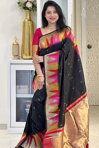 Black Banarasi Soft Silk Saree with Multicolour Temple Border and Gold Zari Pallu  in Surat