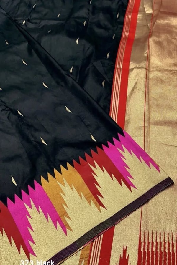 Black Banarasi Soft Silk Saree with Multicolour Temple Border and Gold Zari Pallu  in Surat