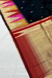 Black Banarasi Soft Silk Saree with Multicolour Temple Border and Gold Zari Pallu  in Surat